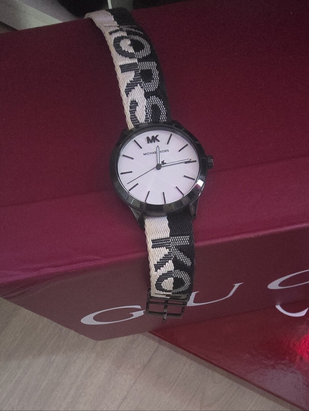 Michael Kors Black and Cream Signature Canvas Strap Watch